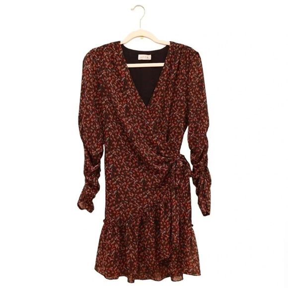 ACOA Black Red Floral Wrap Dress Ruched Sleeves L Gothic Witchy Whimsigoth Vamp - Picture 2 of 9